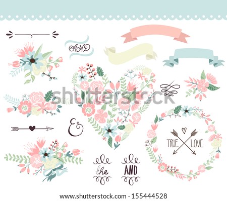 Wedding graphic set, wreath, flowers, arrows, hearts, laurel, ribbons and labels.