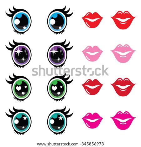 stock vector kawaii cute eyes and lips icons set kawaii character 345856973