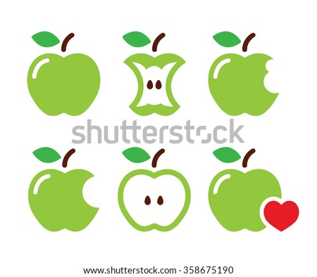 Green apple, apple core, bitten, half vector icons
