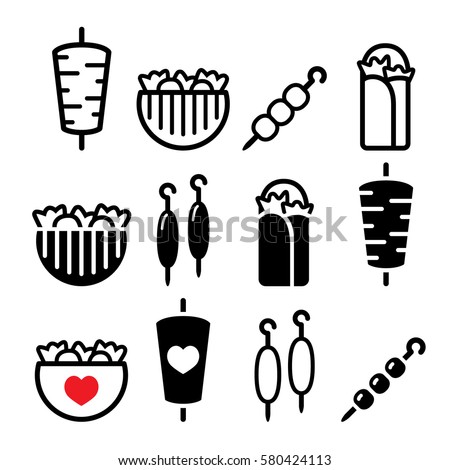 stock vector doner kebab kebab in wrap or pita bread shish and adana kebab skewers icons set 580424113