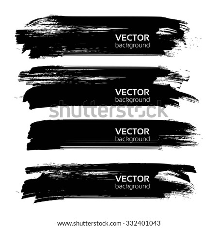 Abstract black long thick textured brush strokes isolated on white background