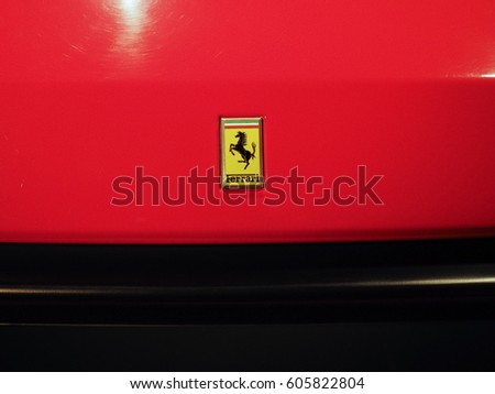 TURIN, ITALY - CIRCA JANUARY 2017: Ferrari logo on vintage car at Museo Nazionale dell Automobile (meaning National Automobile Museum car museum)