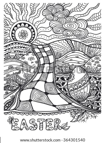 Zen Doodle Easter Landscape With Eggs Rabbits Black On White For Coloring Page Or Relax
