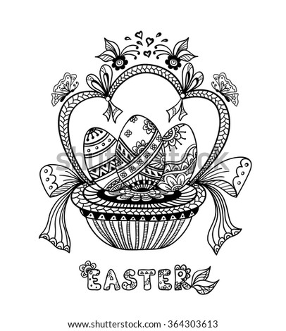 Zen Doodle Easter Eggs In Basket Black On White For Coloring Page Or Relax Book