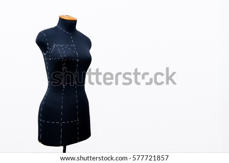 Black women sewing mannequin with main marks for removing of measures standing on a white background