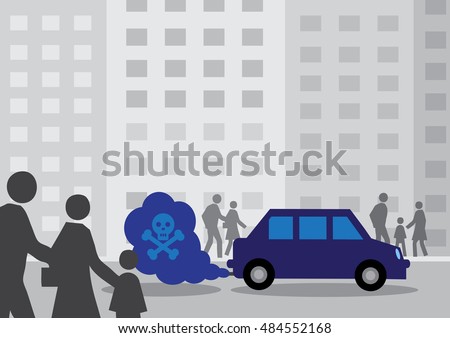A diesel cars toxic exhaust fumes containing a by a skull and cross bones.