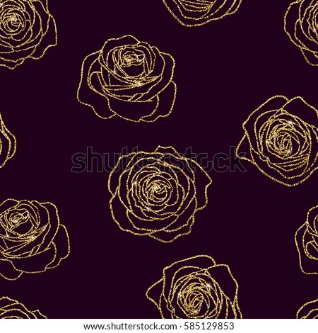 Vector shining golden glitter roses flower outline contour floral seamless pattern