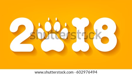 Vector yellow numbers 2018 with zero as dog paw print and one in bone shape next new year template illustration
