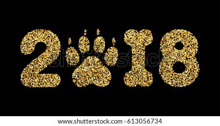 Vector golden glitter numbers 2018 with zero as dog paw print and one in bone shape next new year, calendar front page design