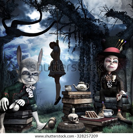 Horror Scenery With Mad Hatter March Hare And Hanging Girl