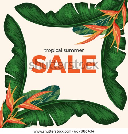 Tropical summer sale promo poster with rainforest plants. bright orange bamboo and big green banana tree leaves in corners of banner vector illustration.