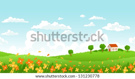 Sunny day seamless landscape with house on a hill and flower field.
