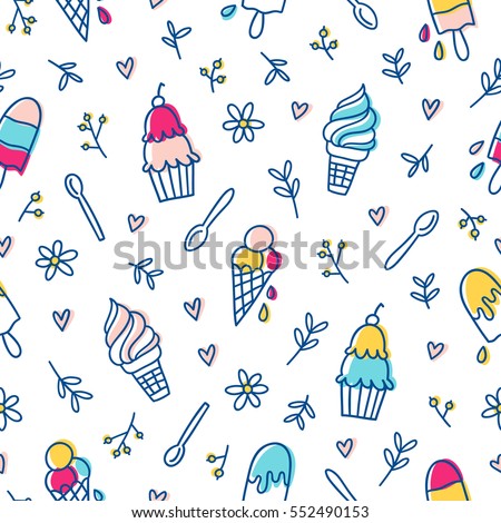 Ice cream and botanical seamless pattern
