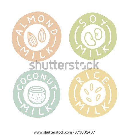 Almond, soy, coconut, rice milk labels. Vector hand drawn illustration