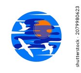 Logo with flying seabirds on a background of blue sky and sun in a circle isolated