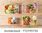 Various of Healthy lunch boxes, bento packed set in plastic package, clean food meal, Top view. Diet food delivery concept.