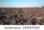 Small photo of combines plowed field. modern farming and irrigation business concept. fresh arable land after the tractor before sowing. clods lifestyle of dirty ground on a plowed field close-up