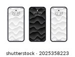 Different Variations Black And White 3D Layered Smooth Structure Wallpapers Set On Photorealistic Smartphone Screen Isolated On White Background. Set Of Vertical Abstract Backgrounds For Smartphone