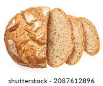 Freshly baked round  Bread isolated on white background.  Sliced, cutted wheat bread. Bakery, rustic  traditional food concept. Top view