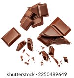 Small photo of Dark chocolate chunks isolated on white background. Collection. Flying Chocolate pieces, shavings and cocoa crumbs Top view. Flat lay. Pattern