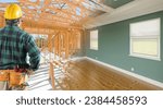 Small photo of Contractor Facing Before and After Interior of House Wood Construction Framing and Finished Build.