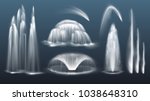 Vector set of realistic water waterfalls, geysers, fountains and single splash or spray including cascading streams of various shape isolated on background