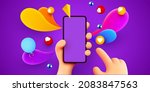 holding phone in two hands.... | Shutterstock .eps vector #2083847563
