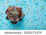 Small photo of top view of chocolate scoop of sundae ice cream covered with chocolate icing and strewed sprinkles on blue, festive background for Valentines day, birthday, holiday and party time.