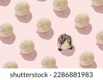 Small photo of trendy seamless pattern of ice cream scoops and covered, strewed sprinkles and poured with chocolate icing on pink background, creative decoration.