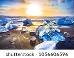 Ice rock with black sand beach at Jokulsarlon beach (Diamond beach) in southeast Iceland