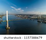 Aerial of QEII Bridge looking west on a sunny spring morning in 2018