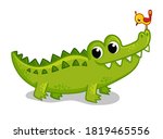 Cute young green crocodile on a white background with a bird on the nose. Vector illustration with animal in cartoon style.