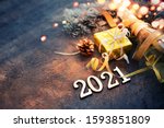 happy new year 2021 with champagne over stone background