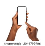 Small photo of Close up hands of woman showing smartphone against white background. African woman hands touching blank screen of cellphone over white wall. Close up hands using app on mobile phone.