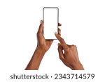 Small photo of Close up of african american woman hands showing smartphone against white background. Black woman hands touching blank empty screen of cellphone. Close up of female hands using app on mobile phone.