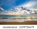Idyllic sunset sky with cloud on sea beach sand wave exotic summer vacation concept