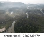 Aerial view morning sunrise with fog river mountain nature landscape