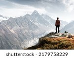Small photo of Amazing view on Monte Bianco mountains range with tourist on a foreground. Vallon de Berard Nature Preserve, Chamonix, Graian Alps. Landscape photography