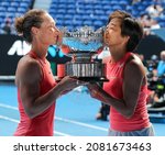 Small photo of MELBOURNE, AUSTRALIA - JANUARY 25, 2019: Grand Slam champions Samantha Stosur of Australia (L) and Zhang Shuai of China during trophy presentation after 2019 Australian Open doubles final match at Rod