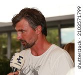 Small photo of MELBOURNE, AUSTRALIA - JANUARY 26, 2016: Grand Slam champion Goran Ivanisevic of Croatia during interview at 2016 Australian Open in Melbourne Park