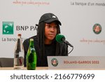 Small photo of PARIS, FRANCE - JUNE 4, 2022: Roland Garros 2022 finalist Coco Guaff of USA during press conference after her loss over Iga Swiatek of Poland at Court Philippe Chatrier in Paris, France