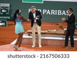 Small photo of PARIS, FRANCE - JUNE 4, 2022: 2022 Roland Garros Finalist Coco Gauff of United States during trophy presentation after her loss to Iga Swiatek of Poland at Court Philippe Chatrier in Paris, France