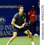 Small photo of CHENNAI, INDIA - JANUARY 3, 2017: Aljaz Bedene of Great Britain plays against Guillermo Garcia-Lopez of Spain in first round match at Aircel Chennai Open tournament at SDAT Tennis Stadium in Chennai.