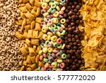 Variety of cold cereals, quick breakfast for kids overhead shot