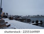 Small photo of OSLO, NORWAY - JANUARY 2023: Floating saunas in Oslo city during winter period. Sauna rooms built on a buoyant vessel with easy access to cold fjord water in Oslo, Norway