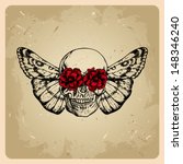 Skull With Flowers And A Moth...