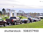 Small photo of VANCOUVER, BC - OCTOBER 30 The peace arch border on October 30, 2016 in Vancouver, BC, Canada. Peace arch border between Canada and USA represent the world's longest undefended border.