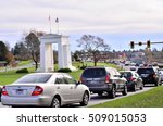Small photo of VANCOUVER, BC - OCTOBER 30 The peace arch border on October 30, 2016 in Vancouver, BC, Canada. Peace arch border between Canada and USA represent the world's longest undefended border.