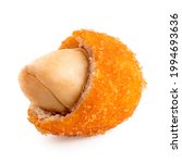 Small photo of Paprika coated peanut isolated on white. Crust broken.