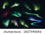 Aurora northern, polar and southern lights realistic vector on night sky background. Aurora polaris, borealis and australis with green, blue, pink and purple neon lights, shining rays and swirls